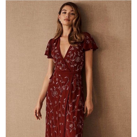 BHLDN Dresses & Skirts - BHLDN Plymouth Dress Wrap Flutter Sleeve Floral Beaded Maxi Gown, Bordeaux